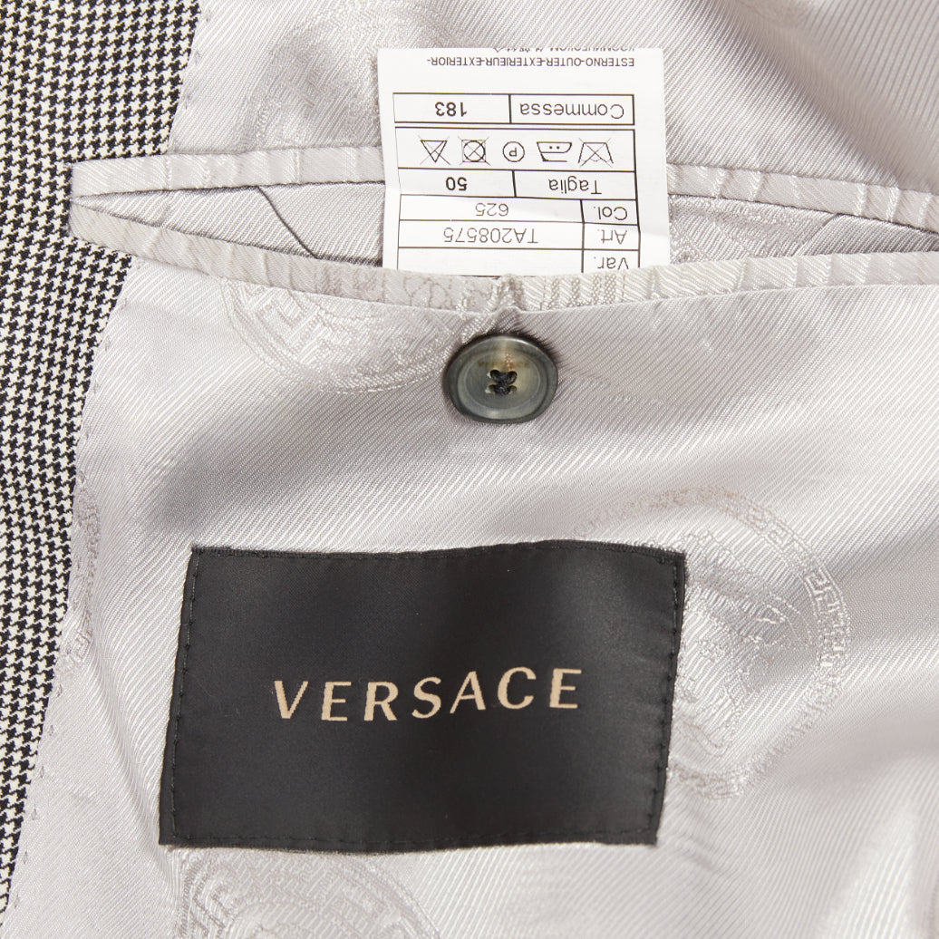 VERSACE grey wool micro houndstooth gold Medusa double breasted blazer EU50 L