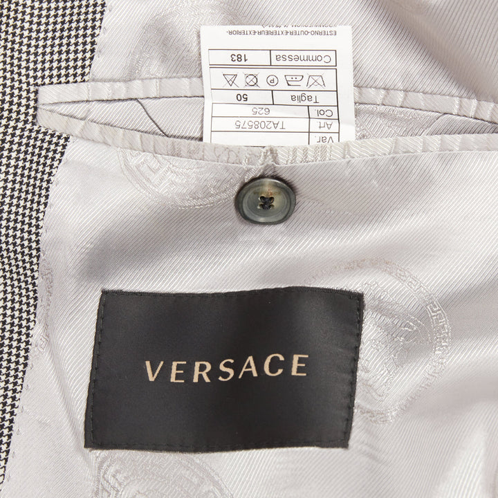 VERSACE grey wool micro houndstooth gold Medusa double breasted blazer EU50 L