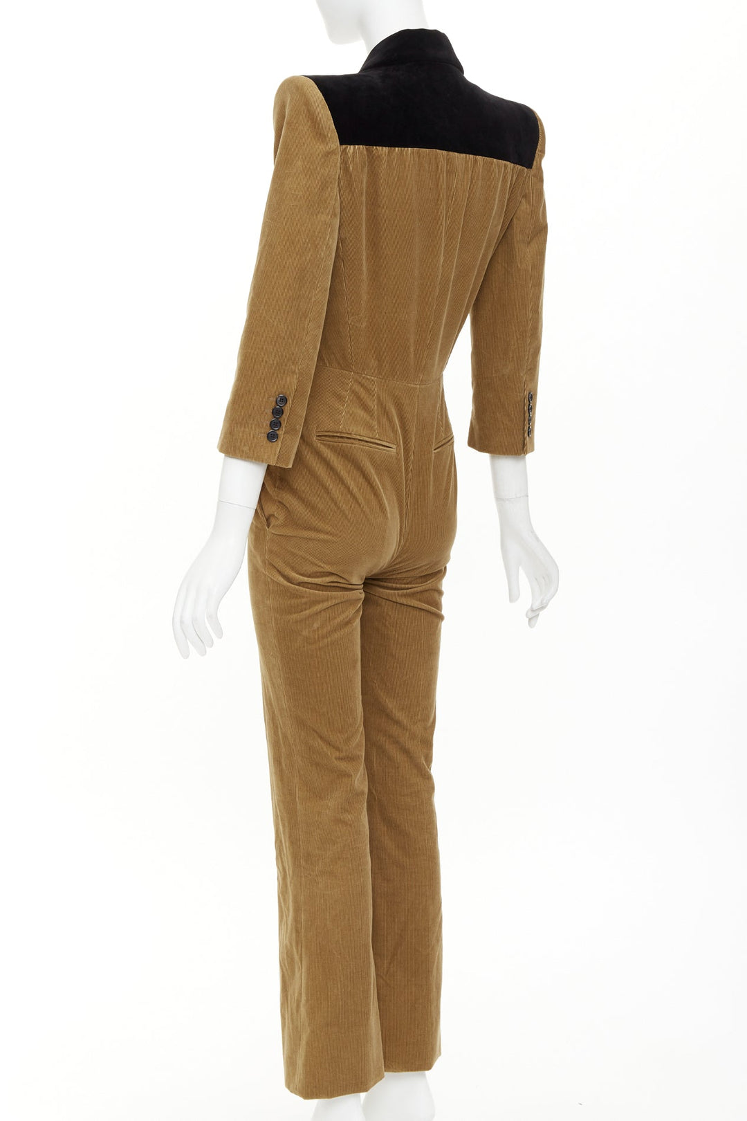 SAINT LAURENT 2022 Runway peak lapel brown cotton corduroy black jumpsuit FR34