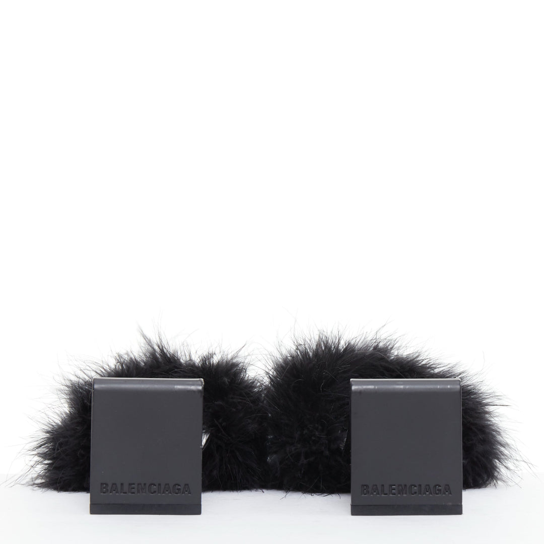 BALENCIAGA Boudoir black feather open toe slipper mule sandals EU37