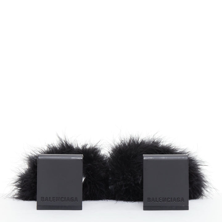 BALENCIAGA Boudoir black feather open toe slipper mule sandals EU37