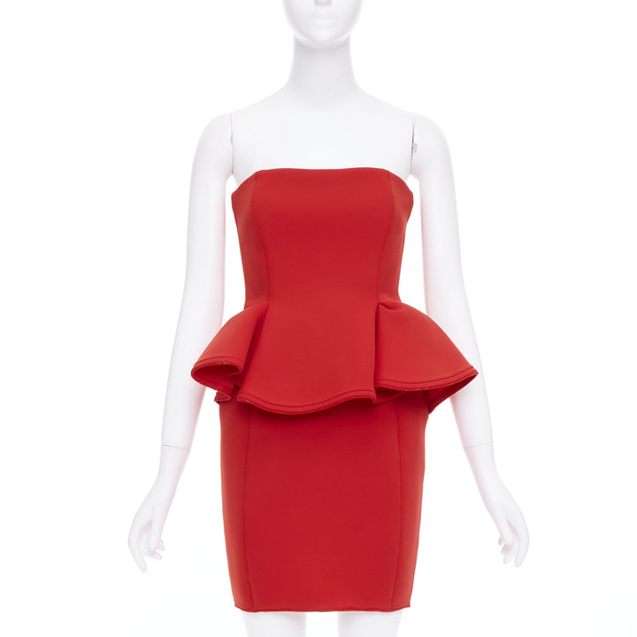 LANVIN Alber Elbaz signature red neoprene peplum strapless zip dress FR34 XS