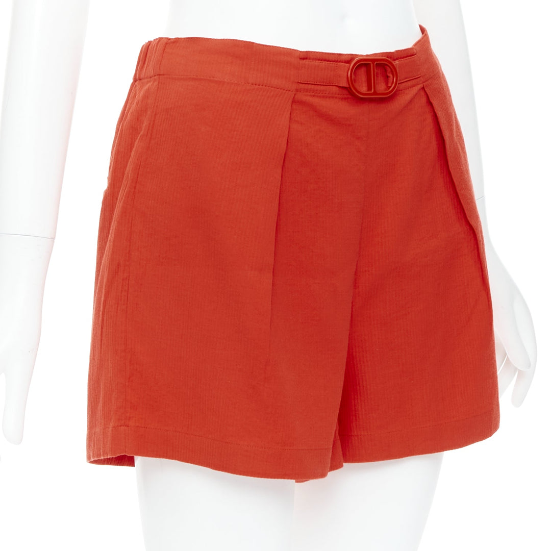 HERMES Chaine D'Ancre red cotton blend buckle pleated shorts FR36 S