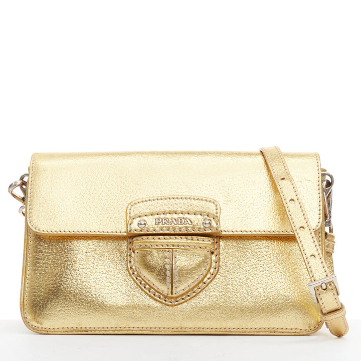 PRADA Vintage gold metallic leather silver logo flap crossbody bag