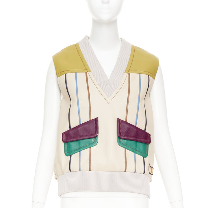 PRADA 2017 Runway leather beige colorblocked geometric sweater vest IT36 XXS