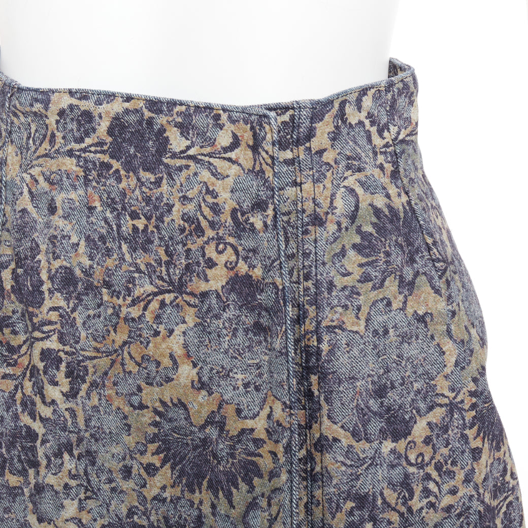 DIOR Brocart blue beige floral brocade denim knee skirt FR36 S