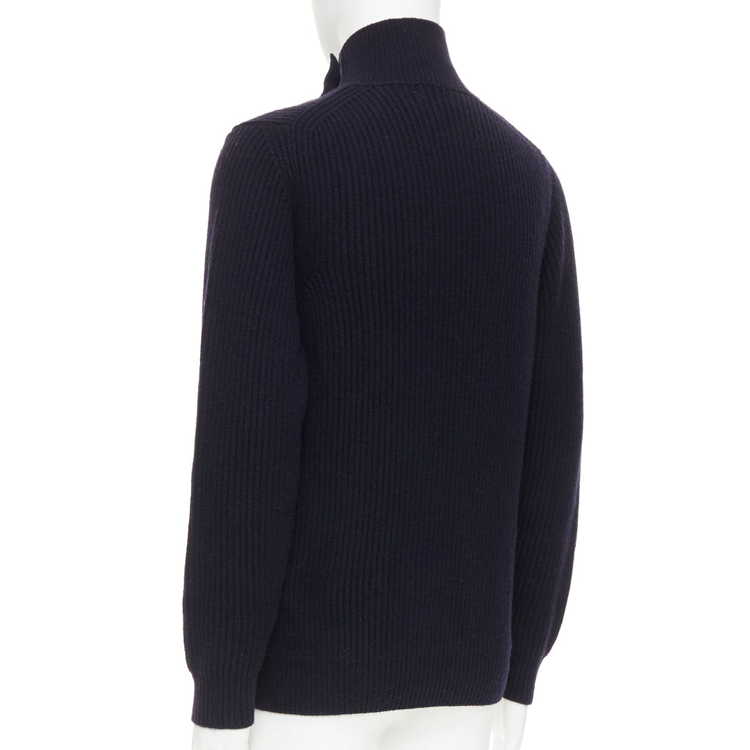 BRIONI 100% cashmere navy leather trim side button sweater IT48 M