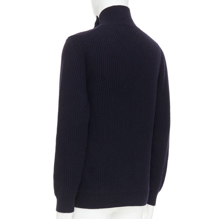 BRIONI 100% cashmere navy leather trim side button sweater IT48 M