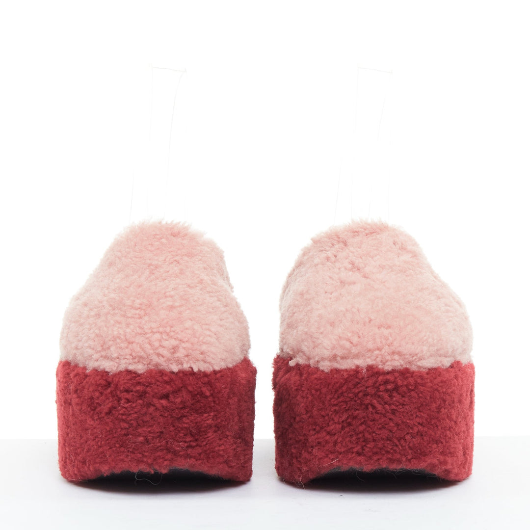 FENDI colorblock pink red green genuine shearling platform slingback mules EU36