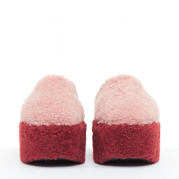 FENDI colorblock pink red green genuine shearling platform slingback mules EU36