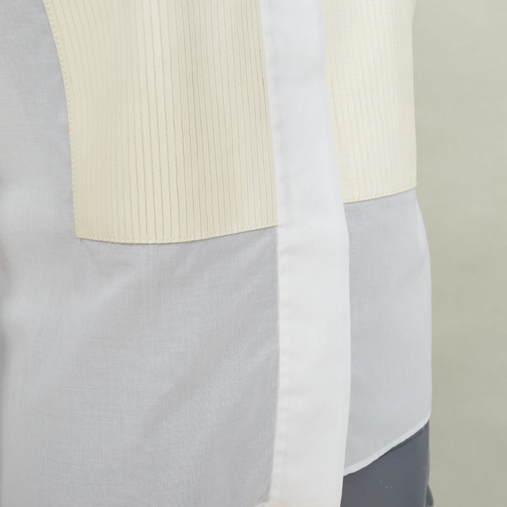 HERMES white pleated lambskin leather bib hidden button sheer cotton top FR34 XS