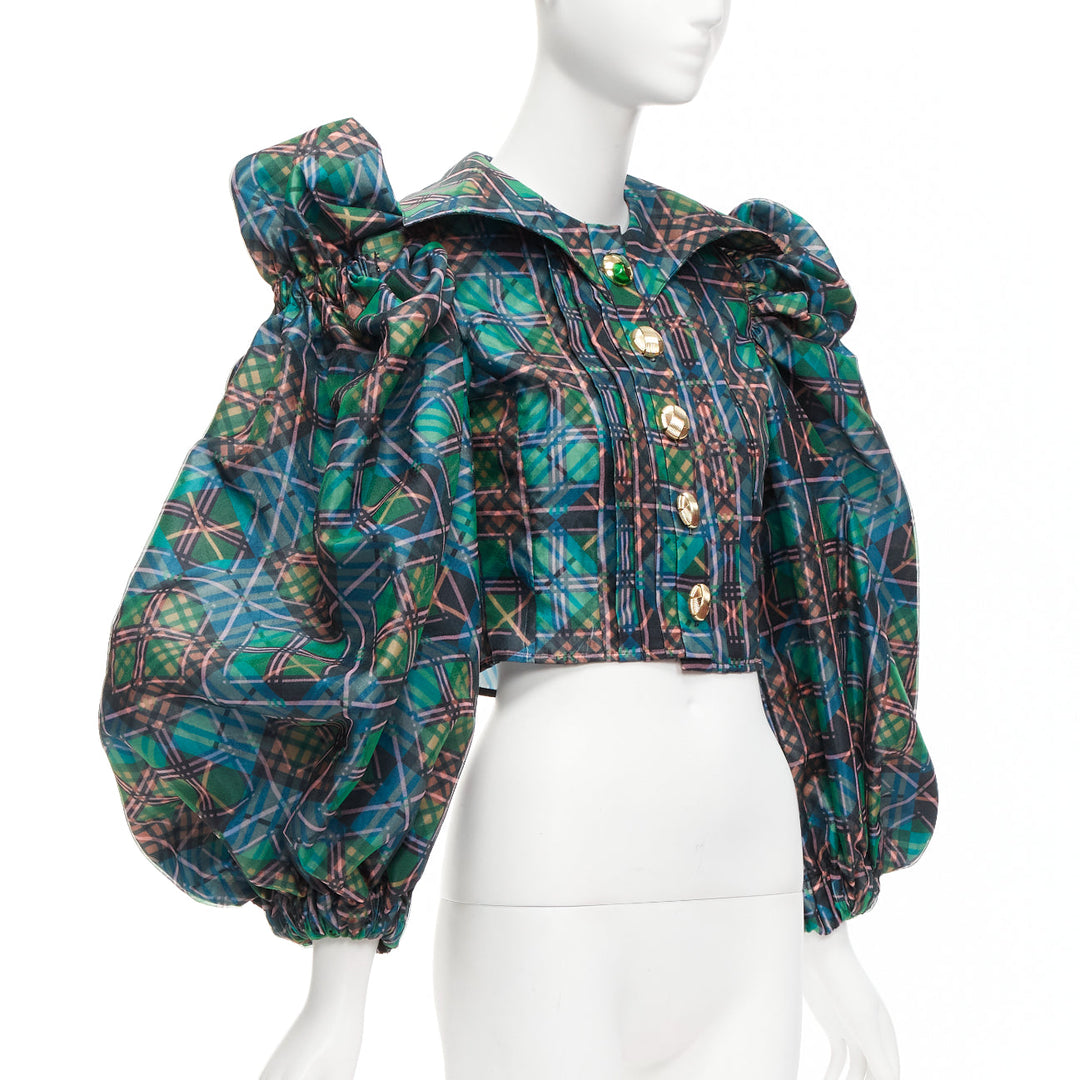 CHOPOVA LOWENA green plaid tartan gold textured button puff sleeve crop shirt S