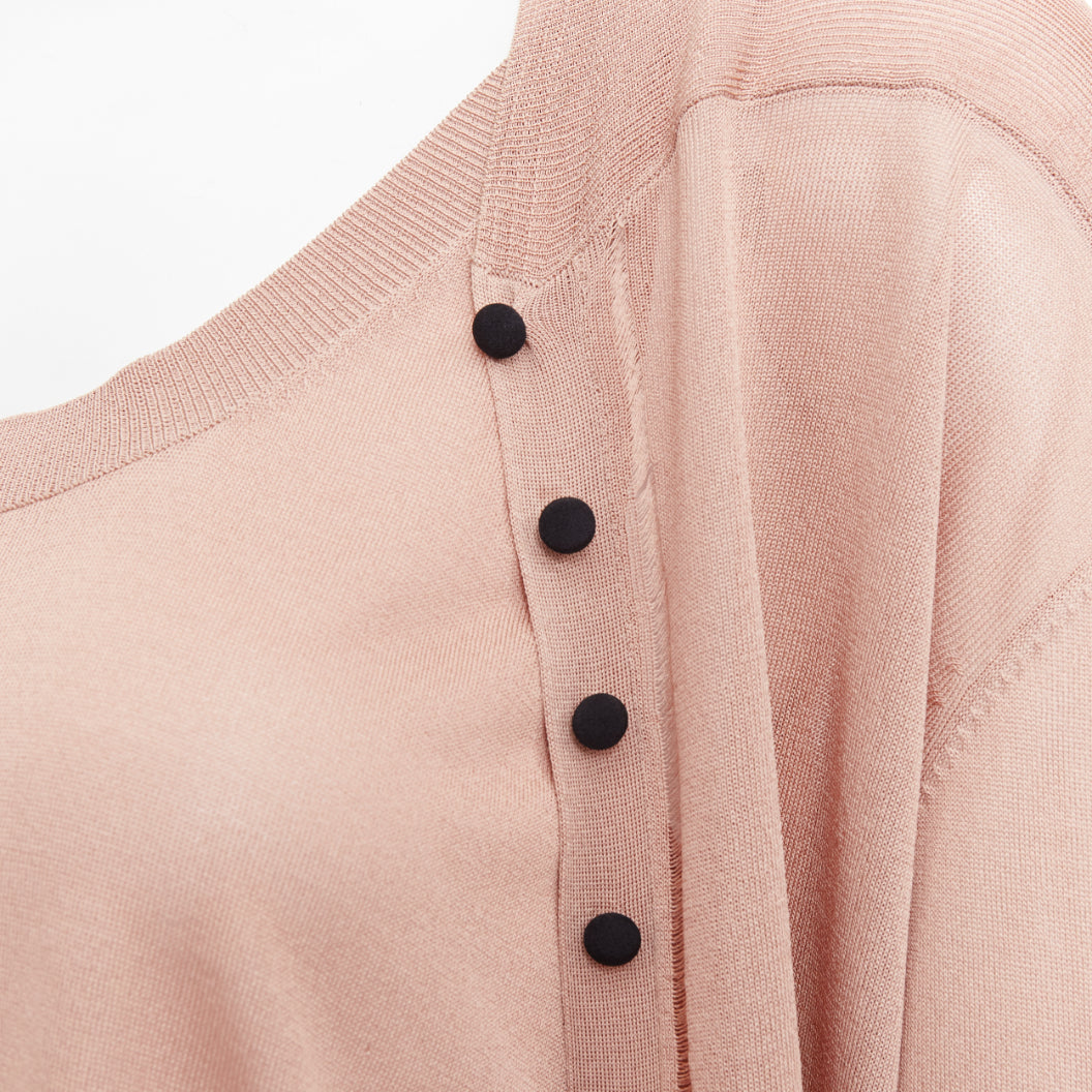 NINA RICCI beige pink 100% silk black button scoop neck cardigan vest set S
