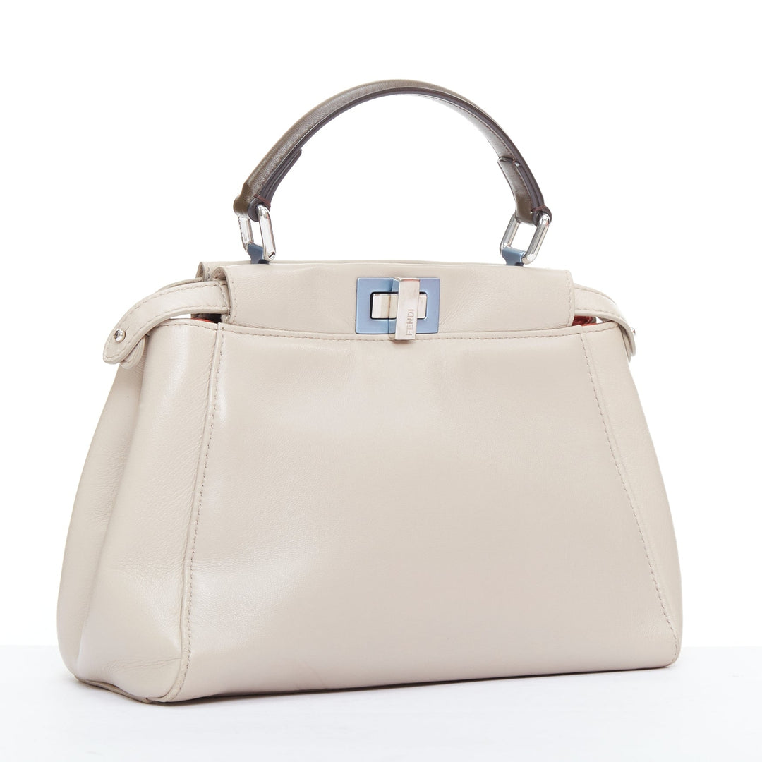 FENDI Peekaboo beige smooth leather blue steel details turnlock crossbody bag