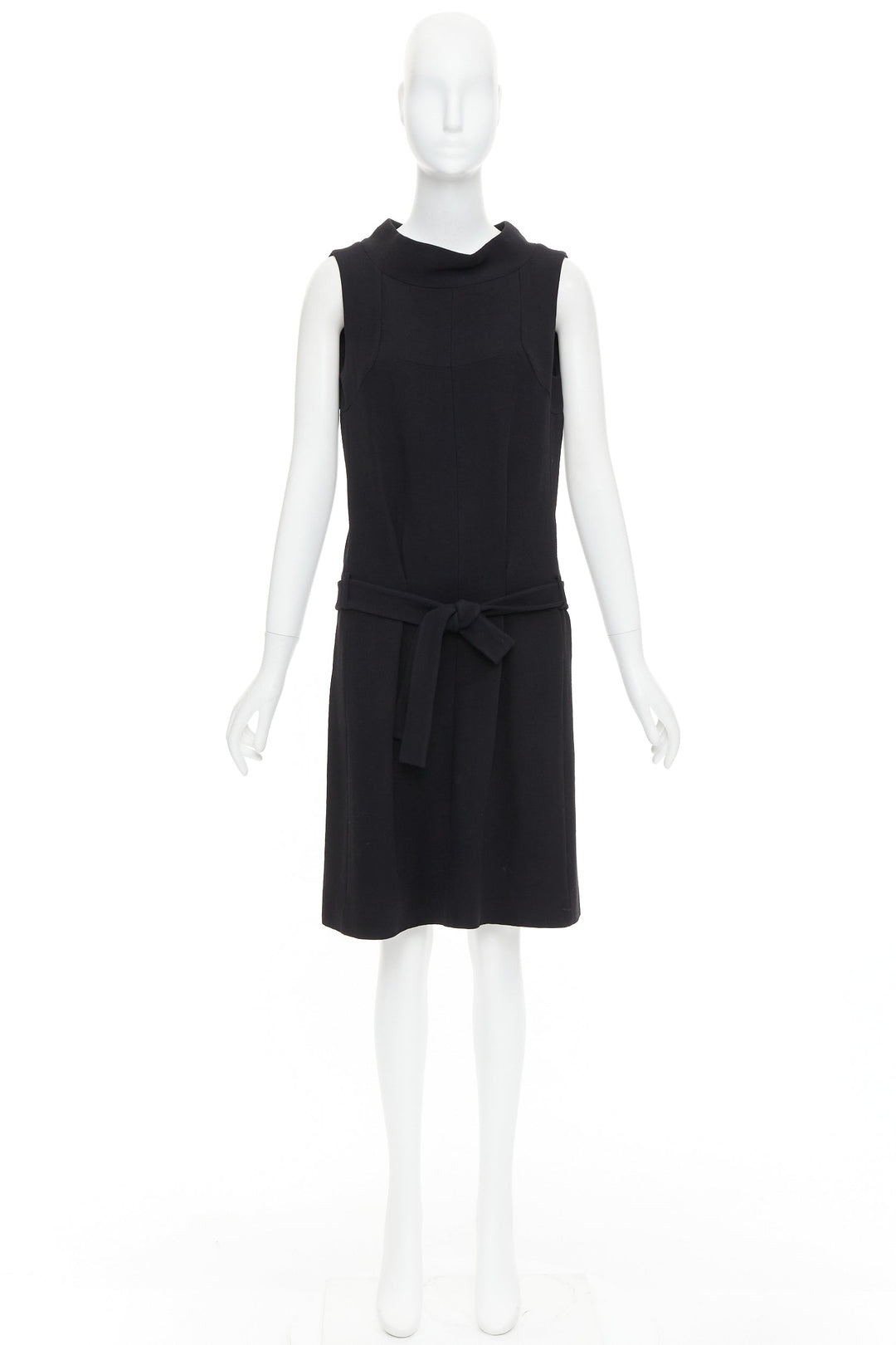 BALENCIAGA 2005 black wool blend drop waist panelled belted dress FR40 S