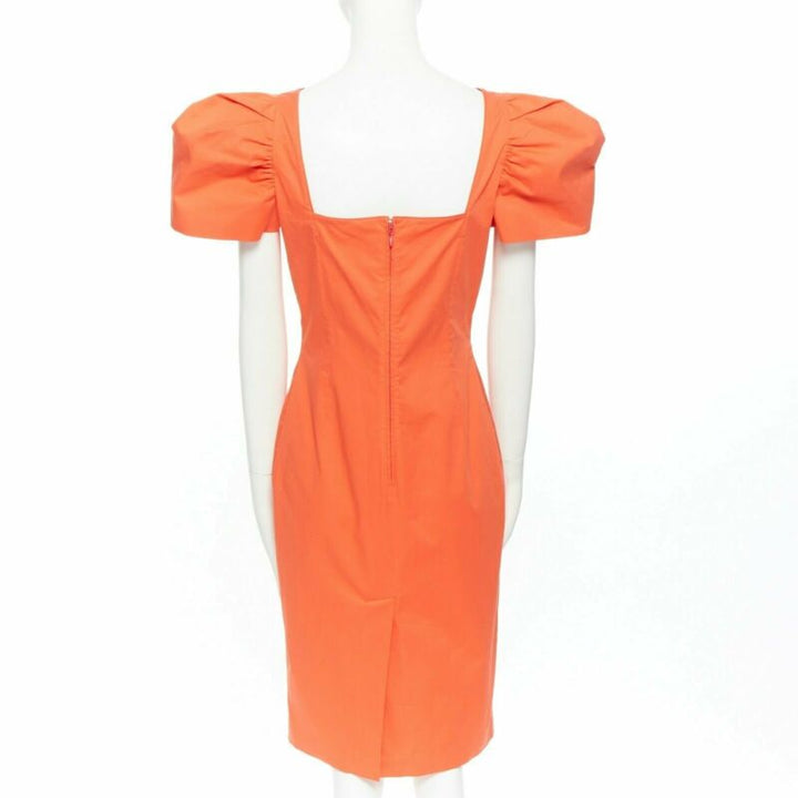 DSQUARED2 red orange ruche drape dart puff sleeve big shoulders dress IT44 L