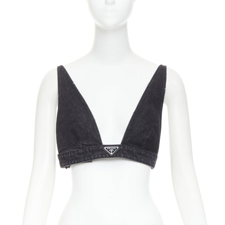 PRADA 2022 dark grey denim black triangle logo plaque bralette crop top IT40 S
