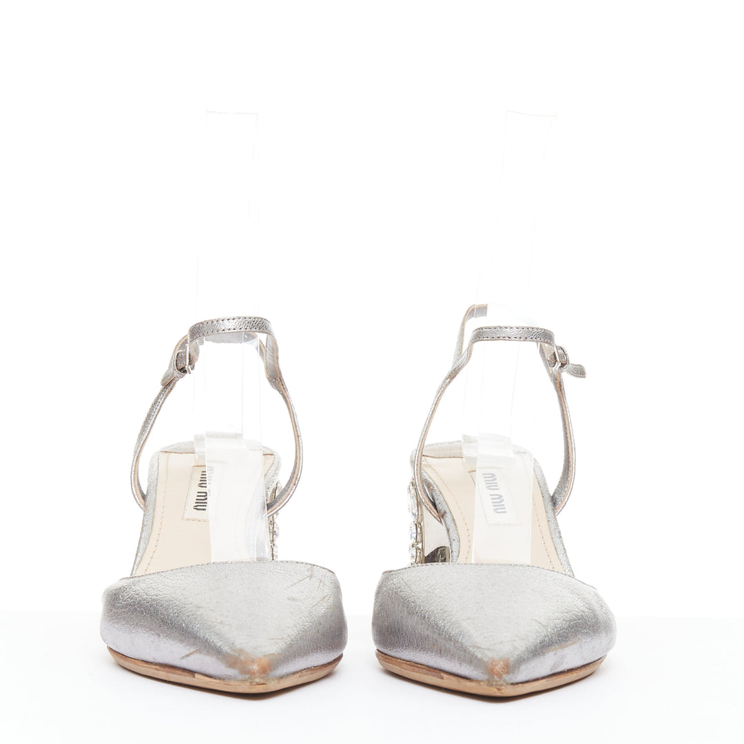 MIU MIU silver leather jewel embellished block heel pump EU35.5