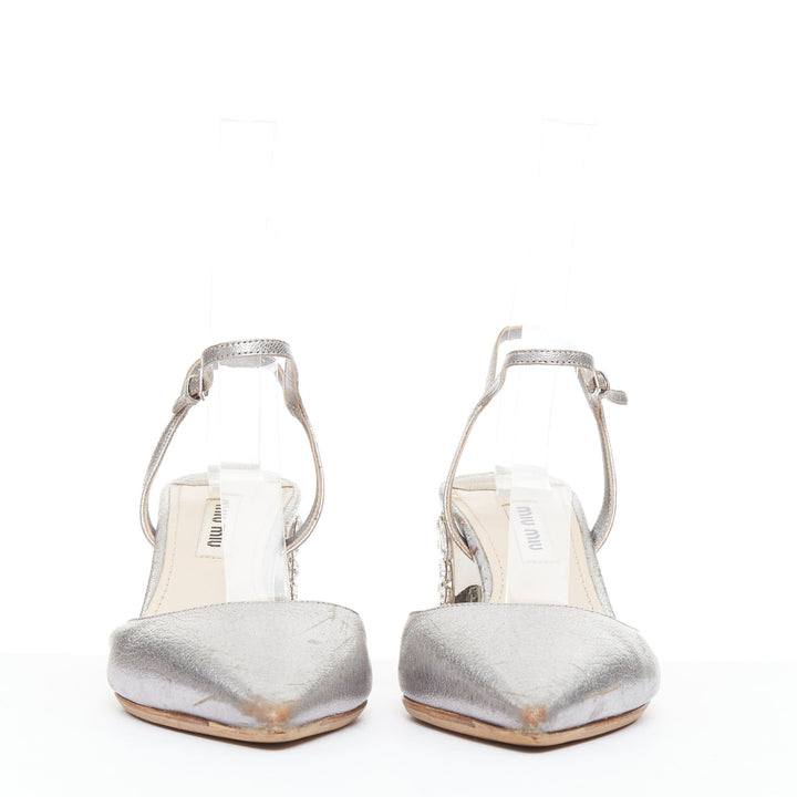 MIU MIU silver leather jewel embellished block heel pump EU35.5