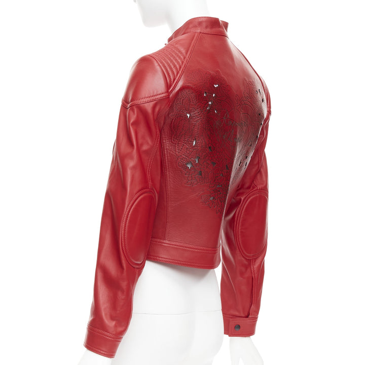 DIOR Royaume d'Amour red leather laser cut moto biker jacket FR34 XS