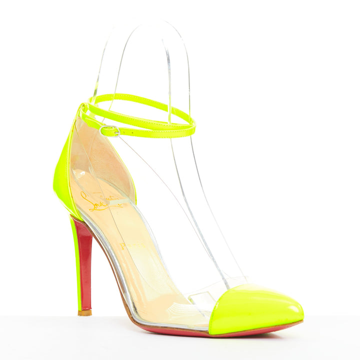 CHRISTIAN LOUBOUTIN Un Bout 100 Fluo Chic yellow patent PVC pointy pumps EU37