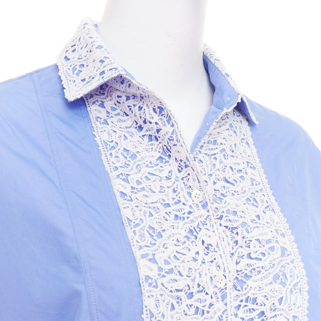 CHRISTIAN DIOR 2021 blue white lace plastron bib belted tunic shirt dress FR38 M