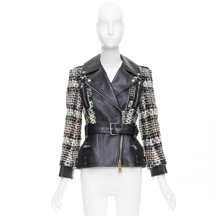 ALEXANDER MCQUEEN 2023 Hybrid punk black leather tweed biker jacket IT36 XXS