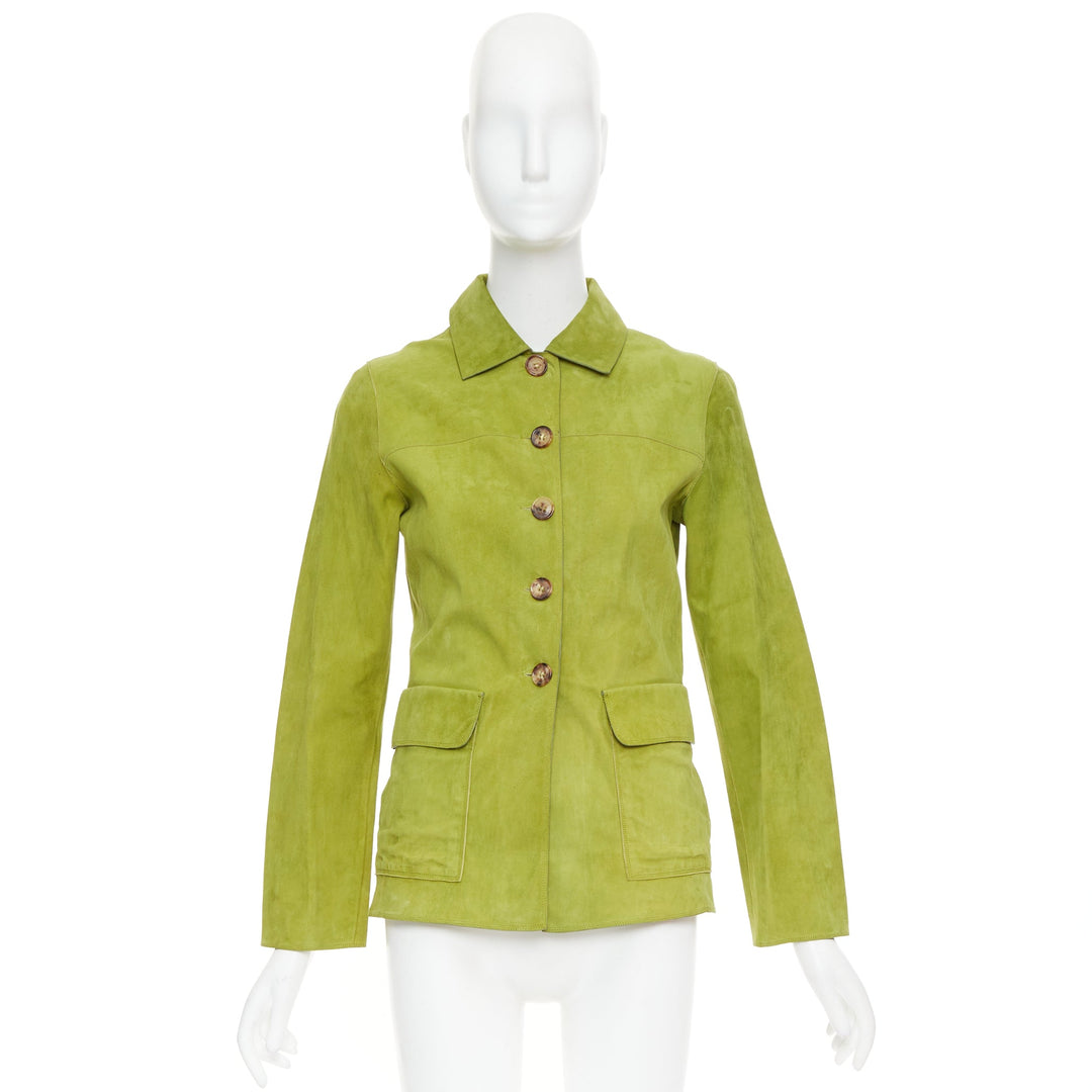 LORO PIANA grass green goat suede brown buttons overshirt jacket IT38 XS