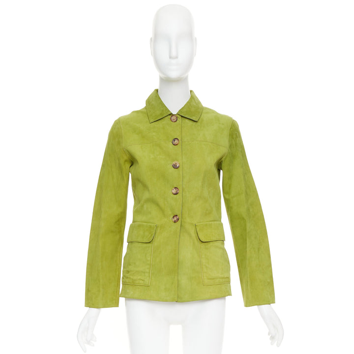 LORO PIANA grass green goat suede brown buttons overshirt jacket IT38 XS