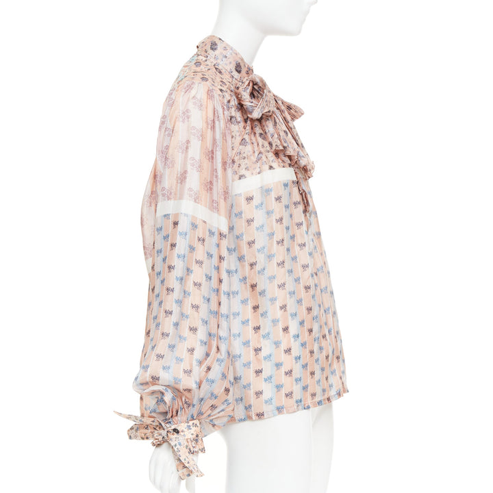 LOUIS VUITTON 2018 Runway 100% silk pink floral stripes pussybow blouse FR36 S