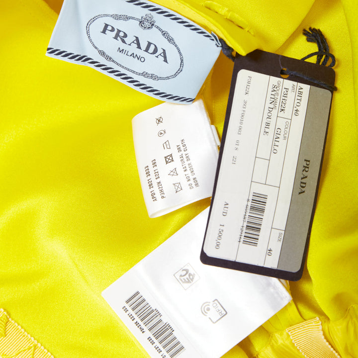 rare PRADA 2022 Runway yellow duchess silk open back cinched belted dress IT40 S