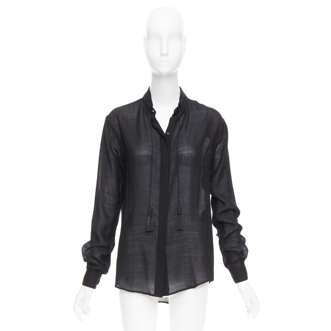 SAINT LAURENT 2018 black semi sheer wool blend YSL rope blouse FR34 XS