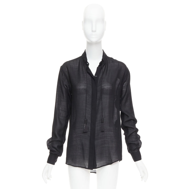 SAINT LAURENT 2018 black semi sheer wool blend YSL rope blouse FR34 XS