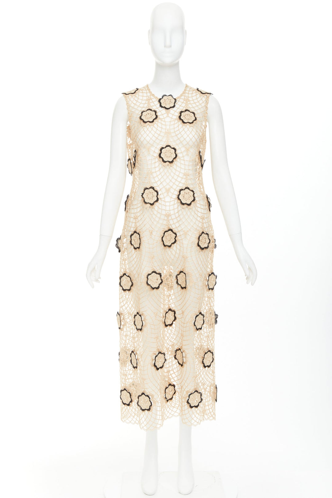 BEAUFILLE Zelle beige black braided jute black floral applique macrame dress L