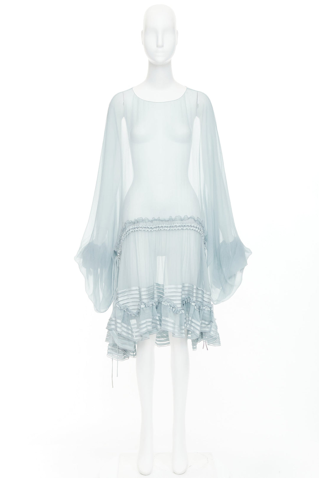 CHLOE 2016 Runway sky blue silk mousselin sheer ruffle drawstring dress FR34 XS