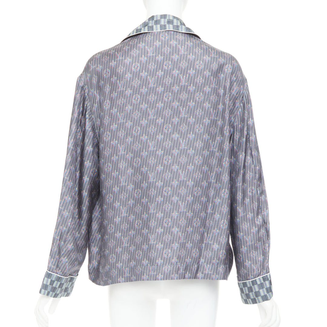 LOUIS VUITTON silk purple Damier Check Jacquard monogram pajama shirt FR36 S