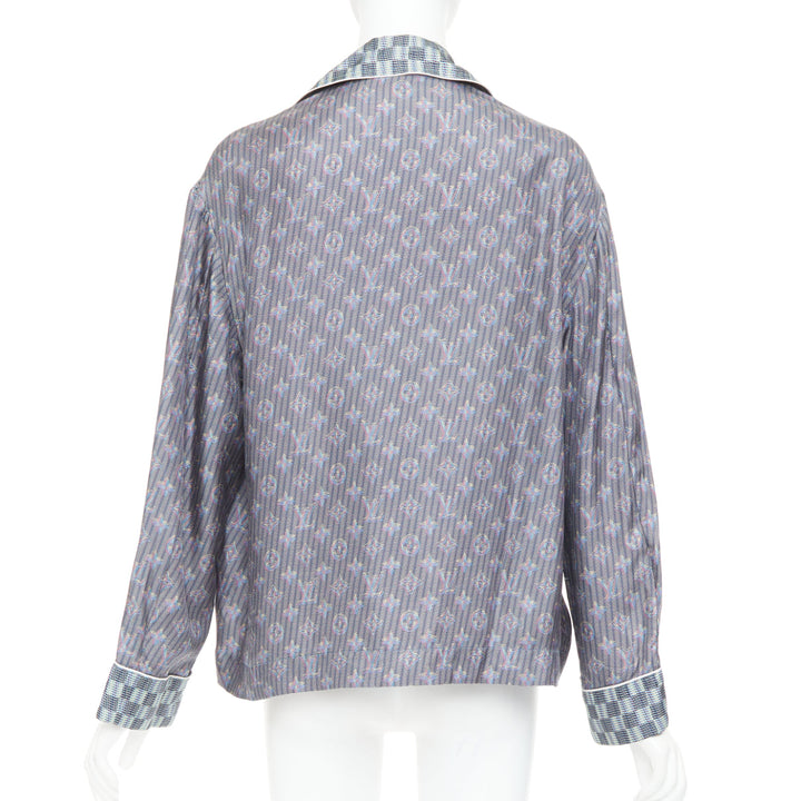 LOUIS VUITTON silk purple Damier Check Jacquard monogram pajama shirt FR36 S