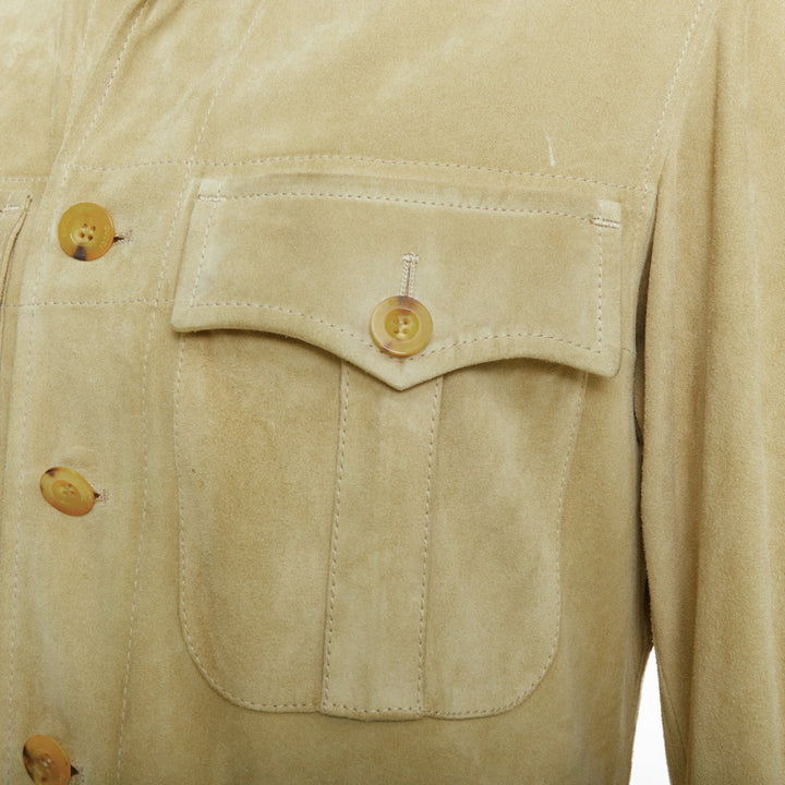 GUCCI Tom Ford Vintage khaki suede leather horn button safari jacket IT46 S