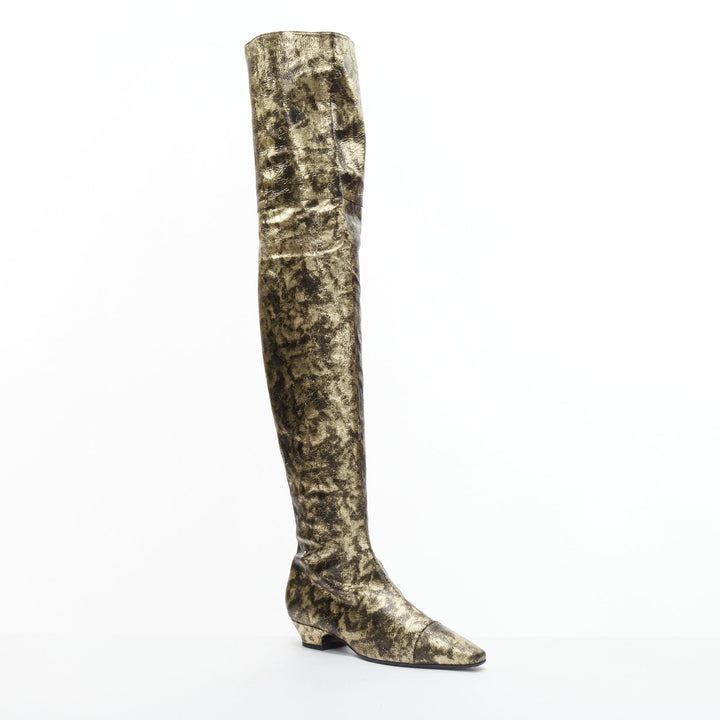 rare CHANEL 18A Runway gold CC leather over knee long boots EU38.5