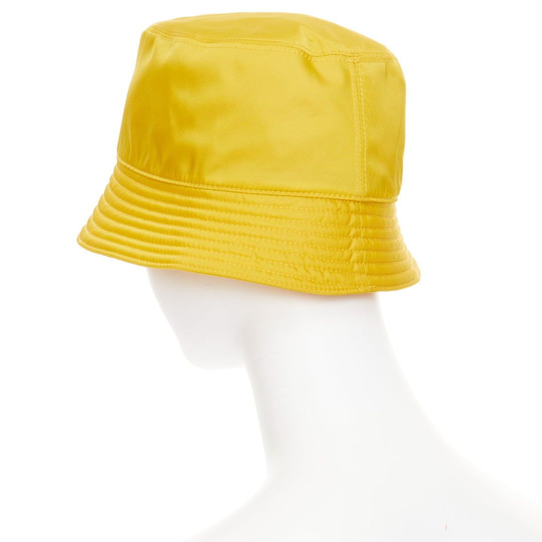 PRADA Re-Nylon mustard yellow silver logo plague topstitched bucket hat M