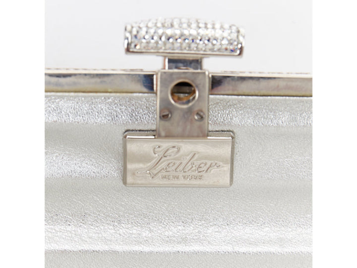JUDITH LEIBER silver crystal encrusted metal clasp chained minaudiere clutch bag