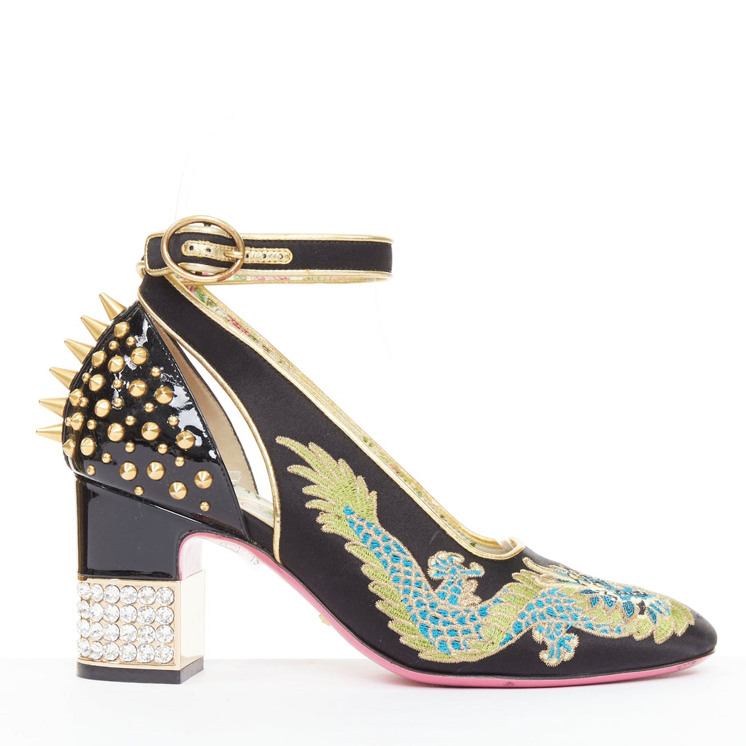GUCCI 2017 Runway Caspar dragon embroidered spike ankle strap pump heels EU36