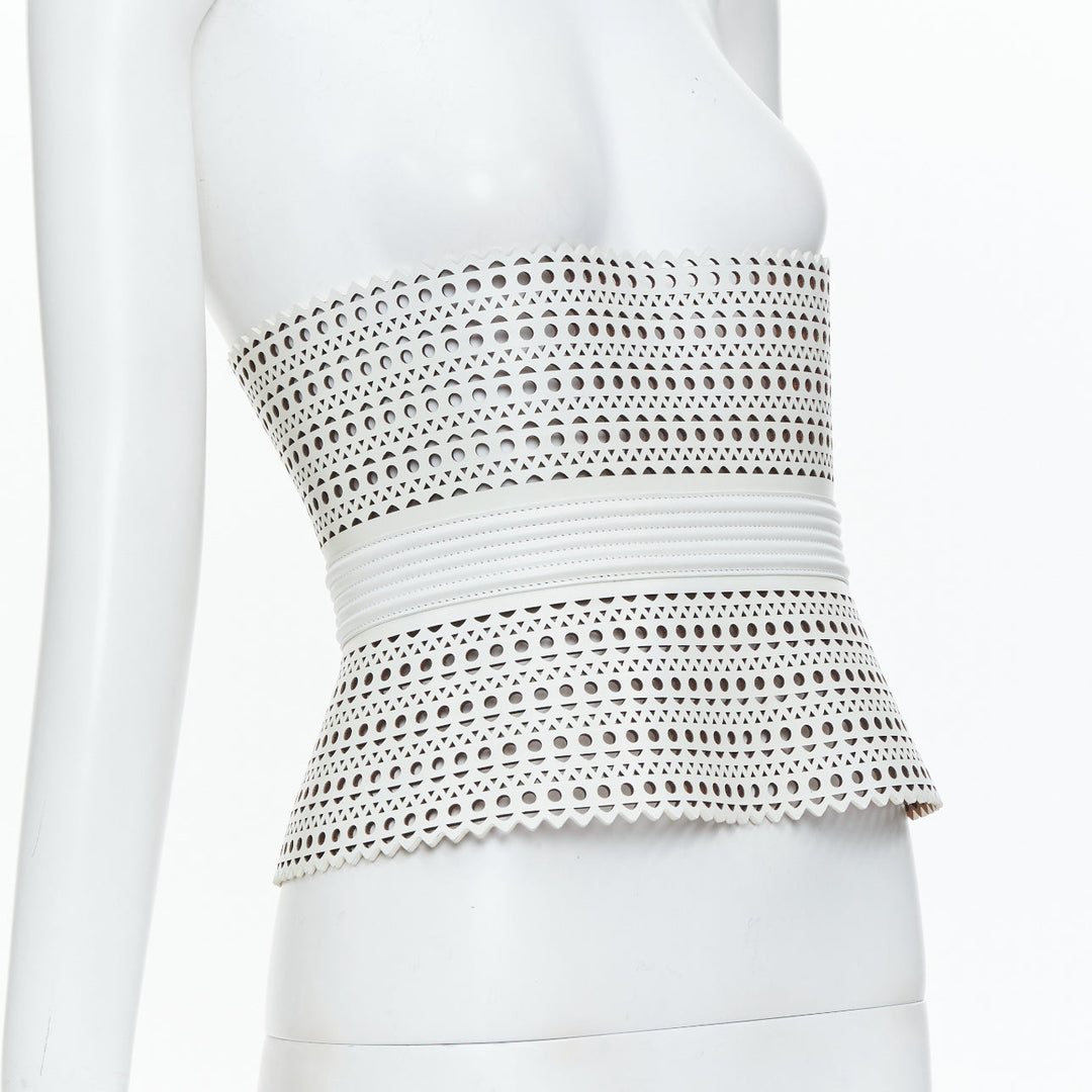 ALAIA Runway Le Corset Vienne laser cut white calfskin leather belt 65cm