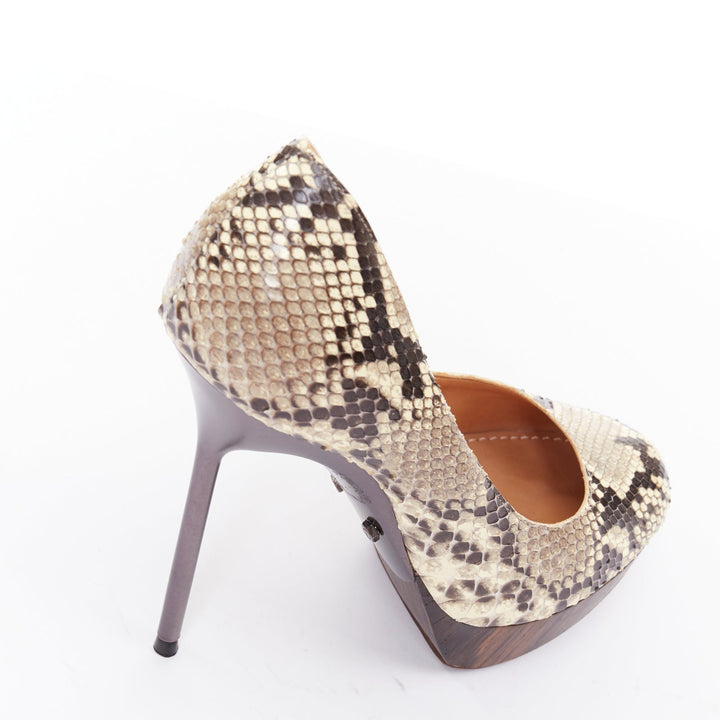 LANVIN 2011 beige scaled leather brown wood platform pumps EU36.5
