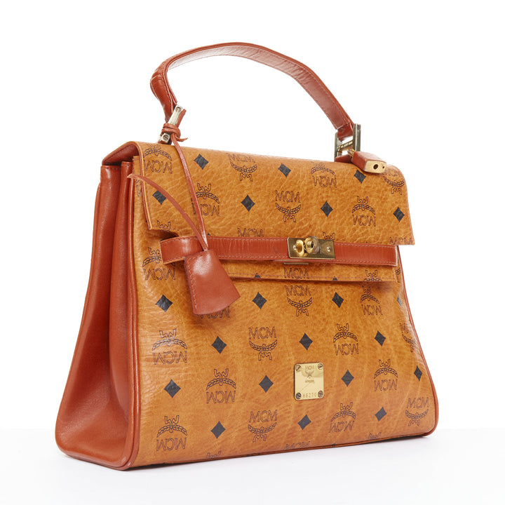 MCM Vintage Kelly cognac brown Visetos monogram GHW turnlock top handle handbag