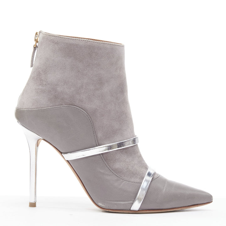 MALONE SOULIERS grey suede silver patent strap stiletto heeled booties EU37