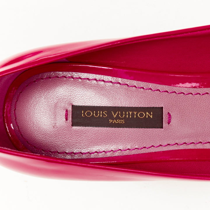 LOUIS VUITTON pink patent gold logo plate mid point toe pump EU36.5