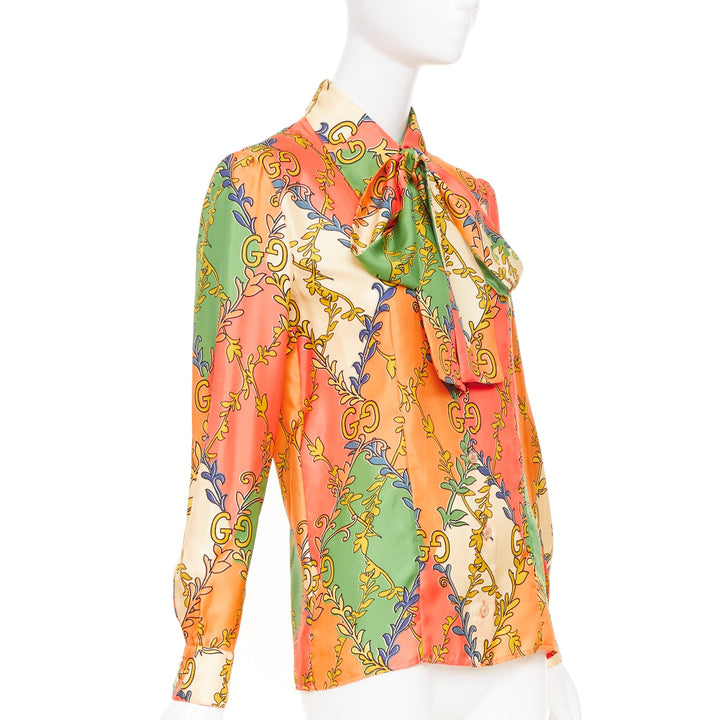 GUCCI 2021 Fluo Barocco orange green  GG Rhombus Ramage silk blouse IT38 XS