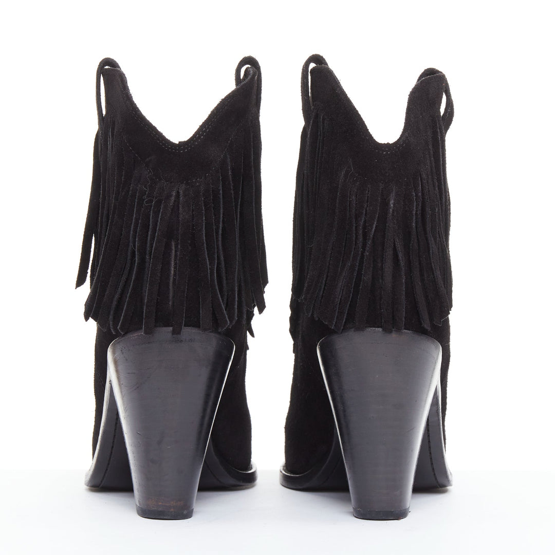 SAINT LAURENT Curtis 80 black suede fringe cuban heel western boots EU39.5