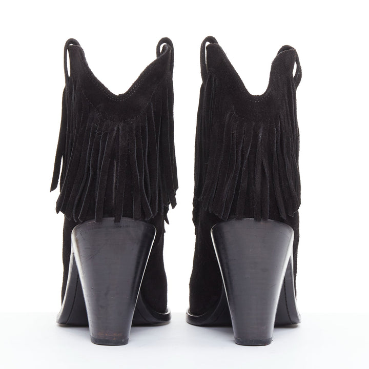 SAINT LAURENT Curtis 80 black suede fringe cuban heel western boots EU39.5